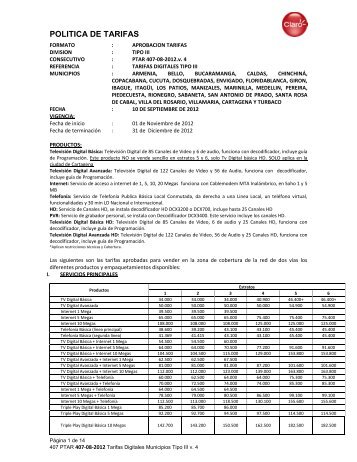 Políticas de Tarifas Municipios tipo III - Comcel