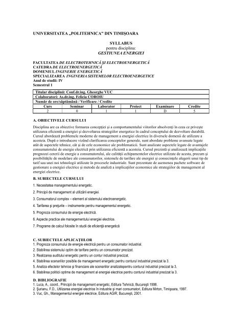 GESTIUNEA ENERGIEI - Facultatea de Electrotehnică şi ...
