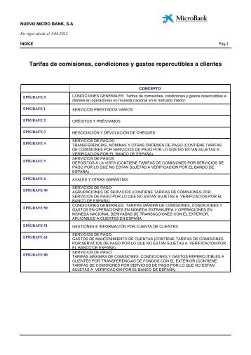 Tarifas de comisiones, condiciones y gastos ... - MicroBank