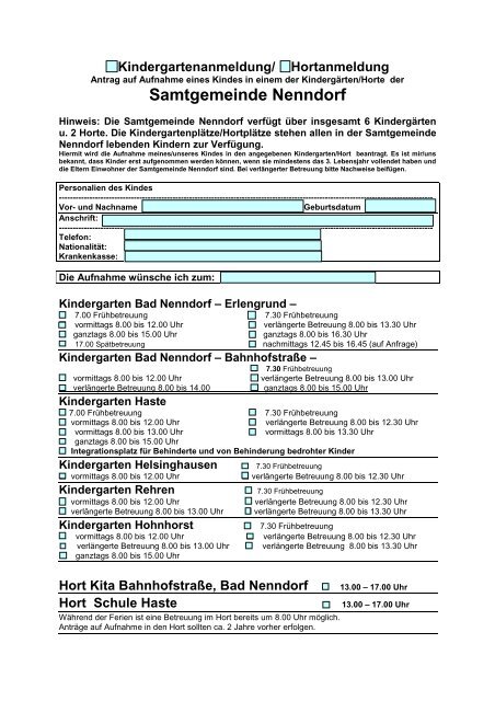 Anmeldung Kindergarten, Hort, Krippe in der ... - in Bad Nenndorf