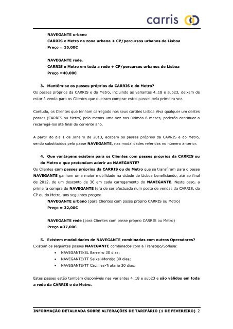 ALTERAÇÕES TARIFÁRIAS 2012 (em vigor a partir de 1 de ... - Carris