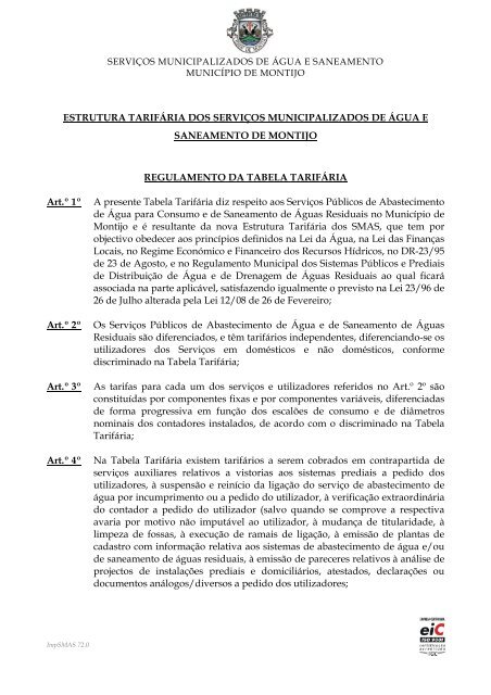 Regulamento Tarifário - Câmara Municipal do Montijo