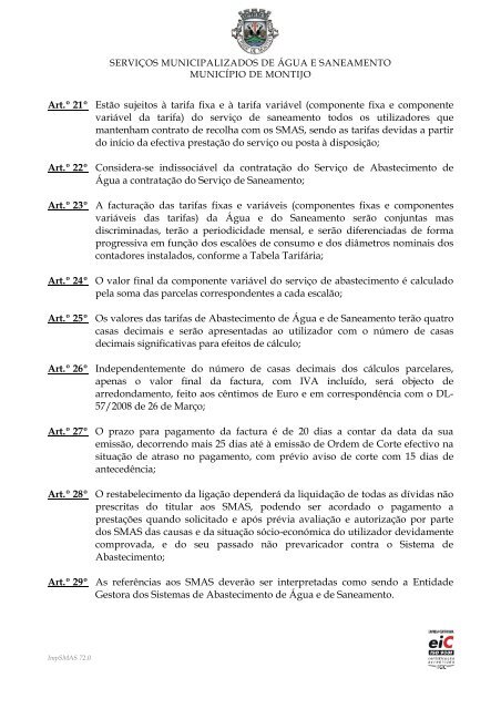 Regulamento Tarifário - Câmara Municipal do Montijo