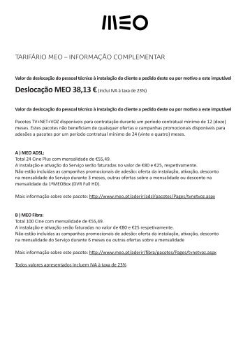 TARIFÁRIO MEO – INFORMAÇÃO COMPLEMENTAR