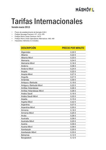 Listado de tarifas internacionales por países