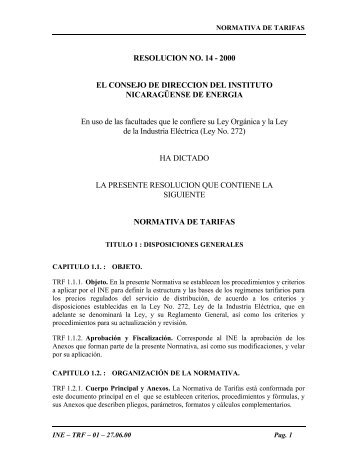 Normativa de tarifas. - Instituto Nicaragüense de Energía