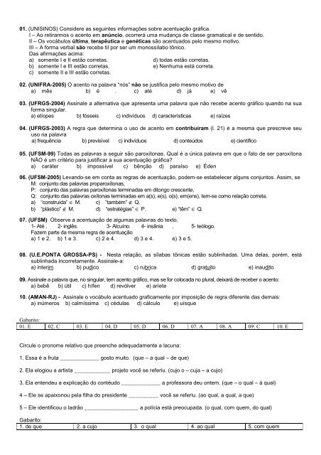 01. (UNISINOS) Considere as seguintes informações sobre ...