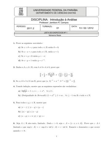 1. Prove as seguintes unicidades: a) Se x + θ = x para todo x ∈ R ...