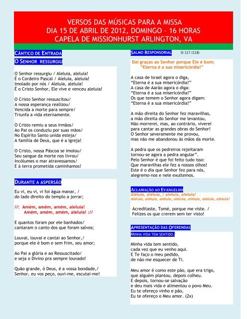 versos dos cânticos na missa do dia 15 abril 2012 - Fontecatolica.com