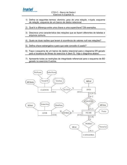 1) Defina os seguintes termos: domínio, grau de uma relação ... - Inatel