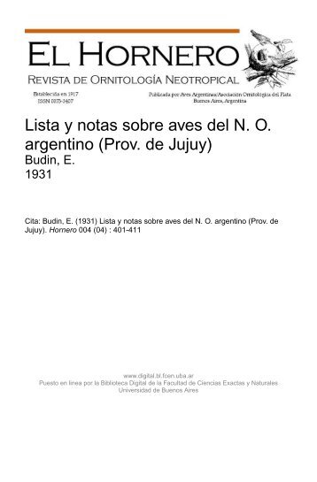 Lista y notas sobre aves del NO argentino (Prov. de Jujuy)