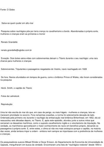 Fonte: O Globo Salve-se quem puder em alto-mar Pesquisa ... - aarffsa