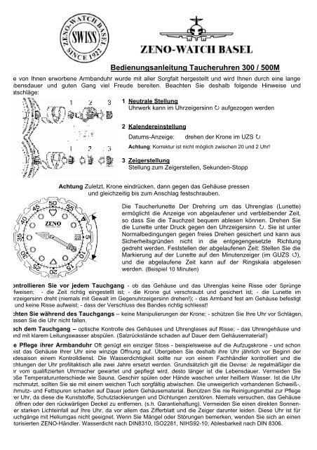 Bedienungsanleitung Taucheruhren 300 / 500M - Zeno-Watch Basel