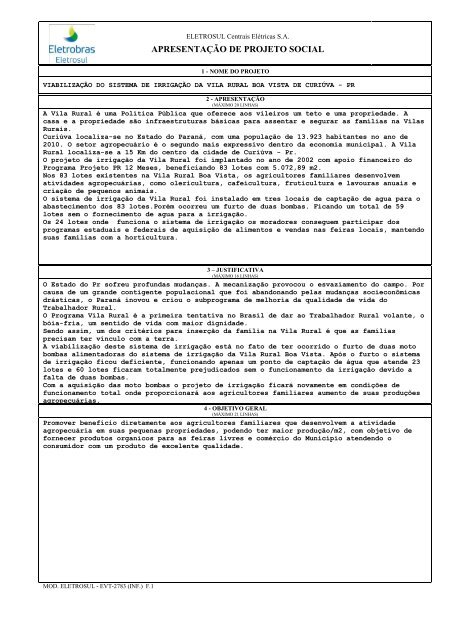 APRESENTAÇÃO DE PROJETO SOCIAL - Servnotes.eletrosul.gov ...