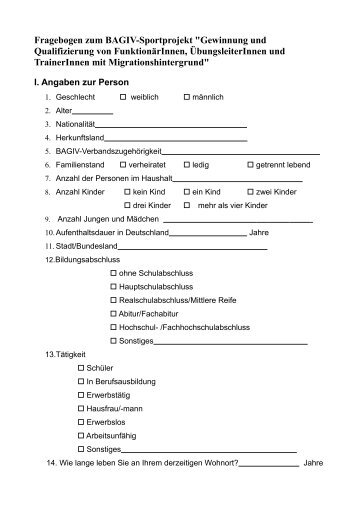 Fragebogen zum BAGIV-Sportprojekt "Gewinnung und ...