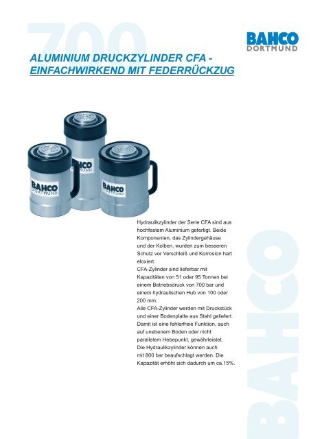 aluminium druckzylinder cfa - einfachwirkend mit federrückzug - Bahco