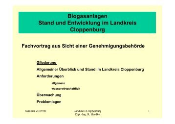Biogasanlagen Stand und Entwicklung im Landkreis Cloppenburg