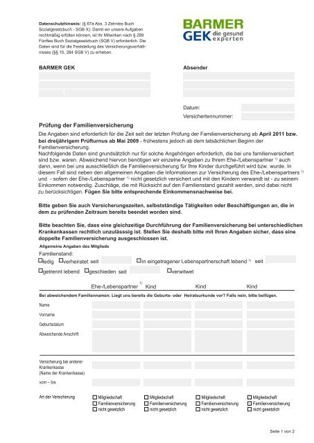 Fragebogen Zur überprüfung Der Familienversicherung Aok Ausfüllen