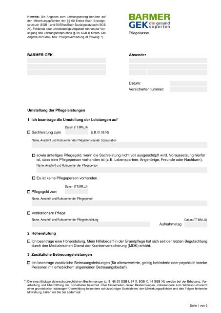 Antrag Auf Umstellung Der Pflegeleistungen Pdf Barmer Gek