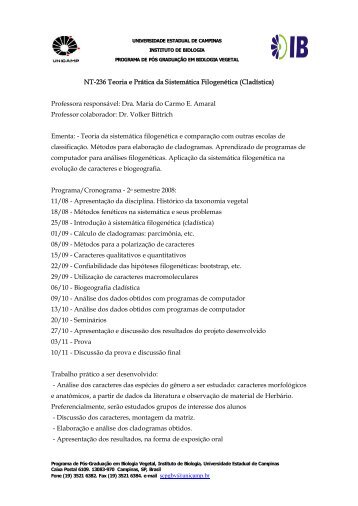 NT236 Teoria e Prática da Sistemática Filogenética - Instituto de ...