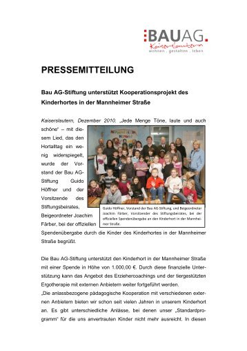 Bau AG-Stiftung unterstützt Kooperationsprojekt des Kinderhortes in