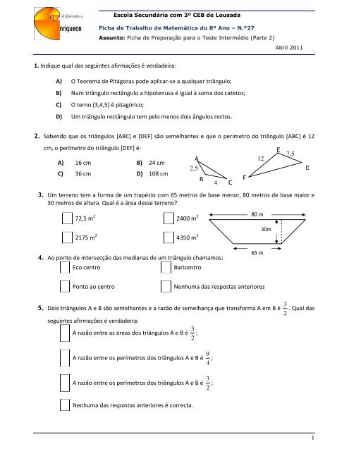 Teste Matemática 7 Ano, PDF, Triângulo