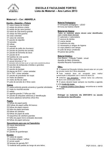 Clique aqui para visualizar a Lista de Materiais 2013 - Fortec