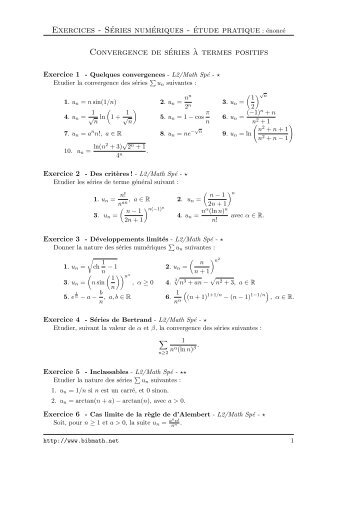 Exercices - Séries numériques - étude pratique : énoncé ... - BibMath