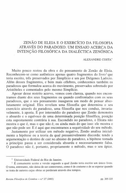 Zenão de Eleia e o exercício da filosofia através - Universidade de ...
