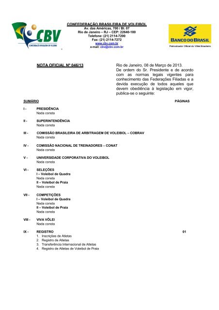 Nota Oficial - CBV