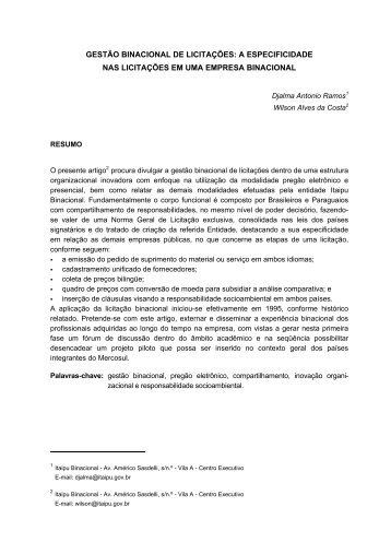 GESTÃO BINACIONAL DE LICITAÇÕES: A ESPECIFICIDADE NAS ...