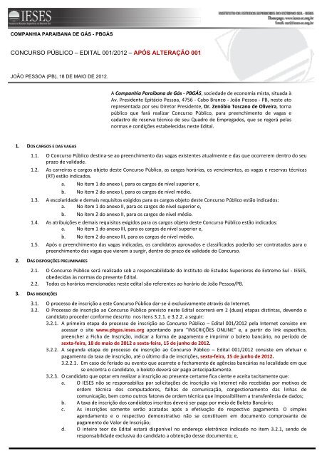 CONCURSO PÚBLICO – EDITAL 001/2012 – APÓS ... - IESES