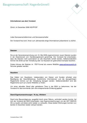 Informationen aus dem Vorstand Zürich, im Dezember 2008 HG/PP ...