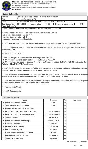 Ata de reunião - Ministério da Agricultura, Pecuária e Abastecimento