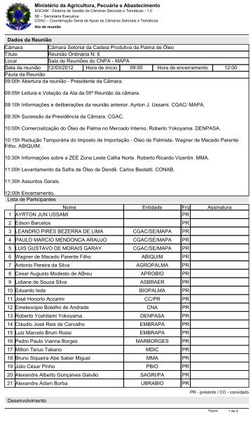 Ata de reunião - Ministério da Agricultura, Pecuária e Abastecimento