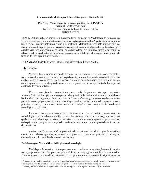 Um Modelo De Modelagem Matematica Para O Ensino Medio Prof ª