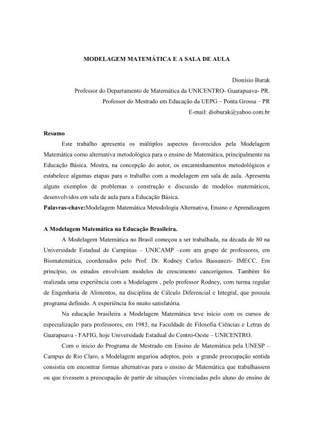 MODELAGEM MATEMÁTICA E A SALA DE AULA Dionísio Burak ...