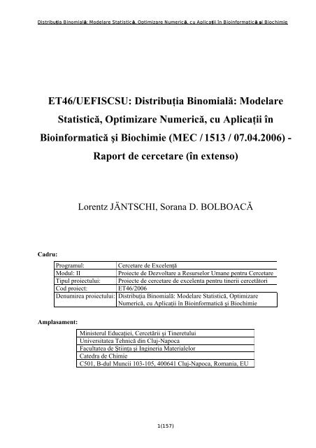 Distribuţia Binomială: Modelare Statistică, Optimizare Numerică, cu ...