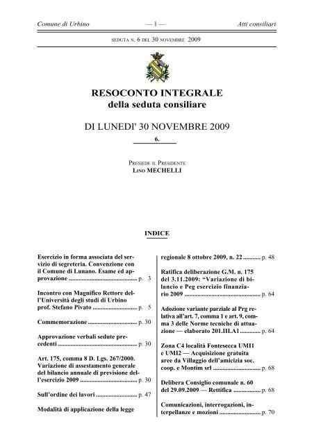 30 NOVEMBRE 2009 - Comune di Urbino