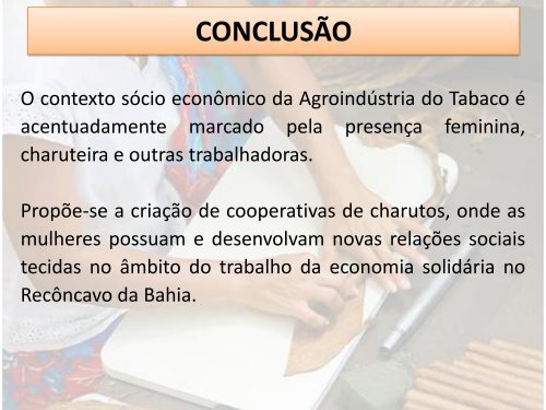 Políticas Públicas de Apoio as Charuteiras do Recôncavo da Bahia