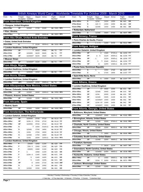 British Airways World Cargo Worldwide Timetable For October