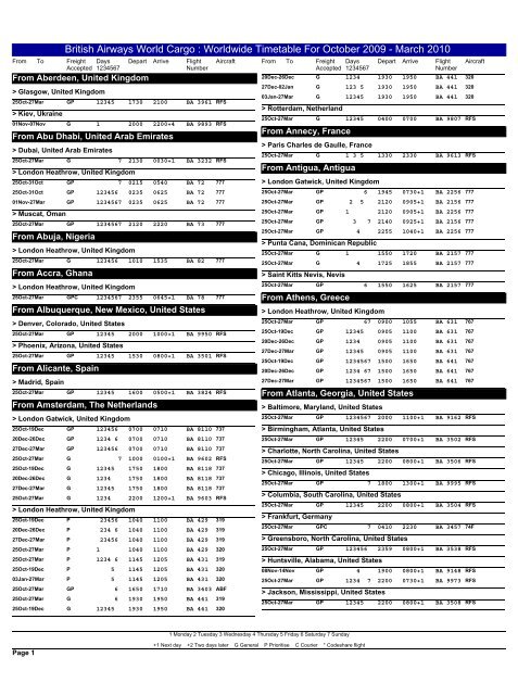 British Airways World Cargo : Worldwide Timetable For October ...