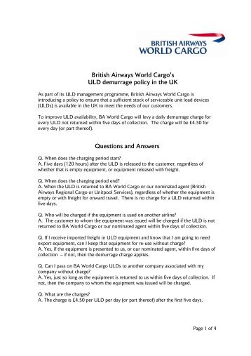 British Airways World Cargo's ULD demurrage policy in the UK ...