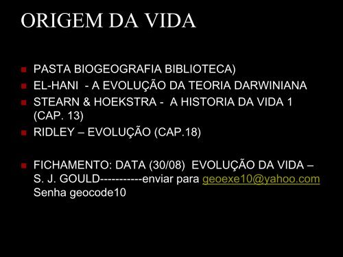 Slides referente a ORIGEM DA VIDA