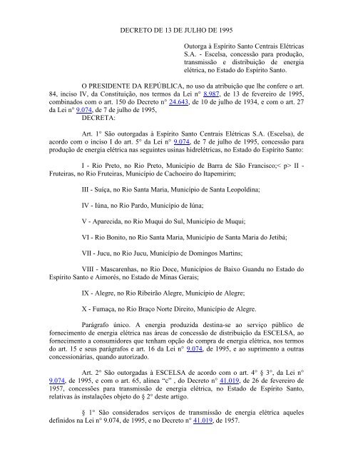 DECRETO DE 13 DE JULHO DE 1995 Outorga à Espírito ... - Aneel