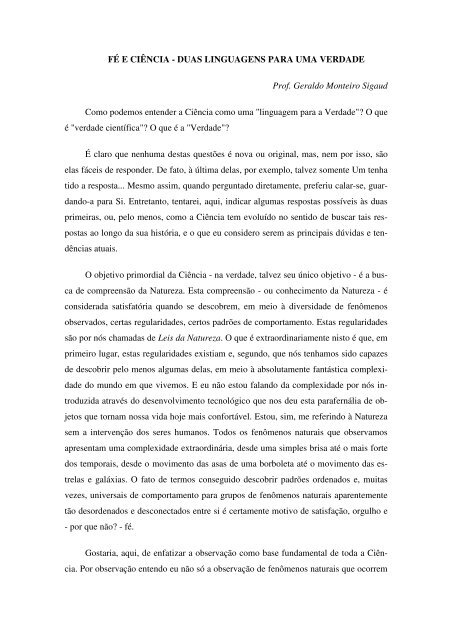 fé e ciência: duas linguagens para uma verdade - Centro Loyola de ...