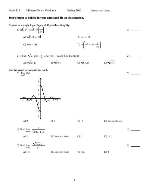 Math 121 Midterm Exam Version A Spring 2012 Instructor: Lang Don ...