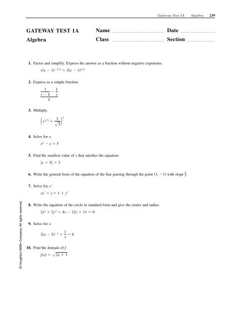 GATEWAY TEST 1A Algebra