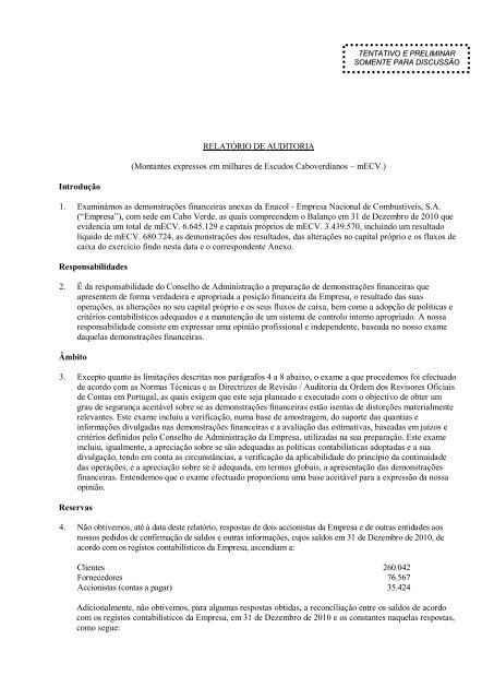 RELATÓRIO DE AUDITORIA (Montantes expressos ... - Cabo Verde