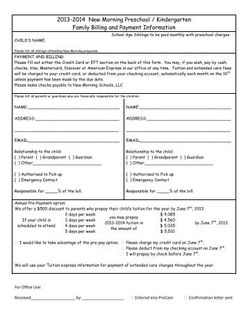 Preschool / Kindergarten Family Billing Form - New Morning Schools